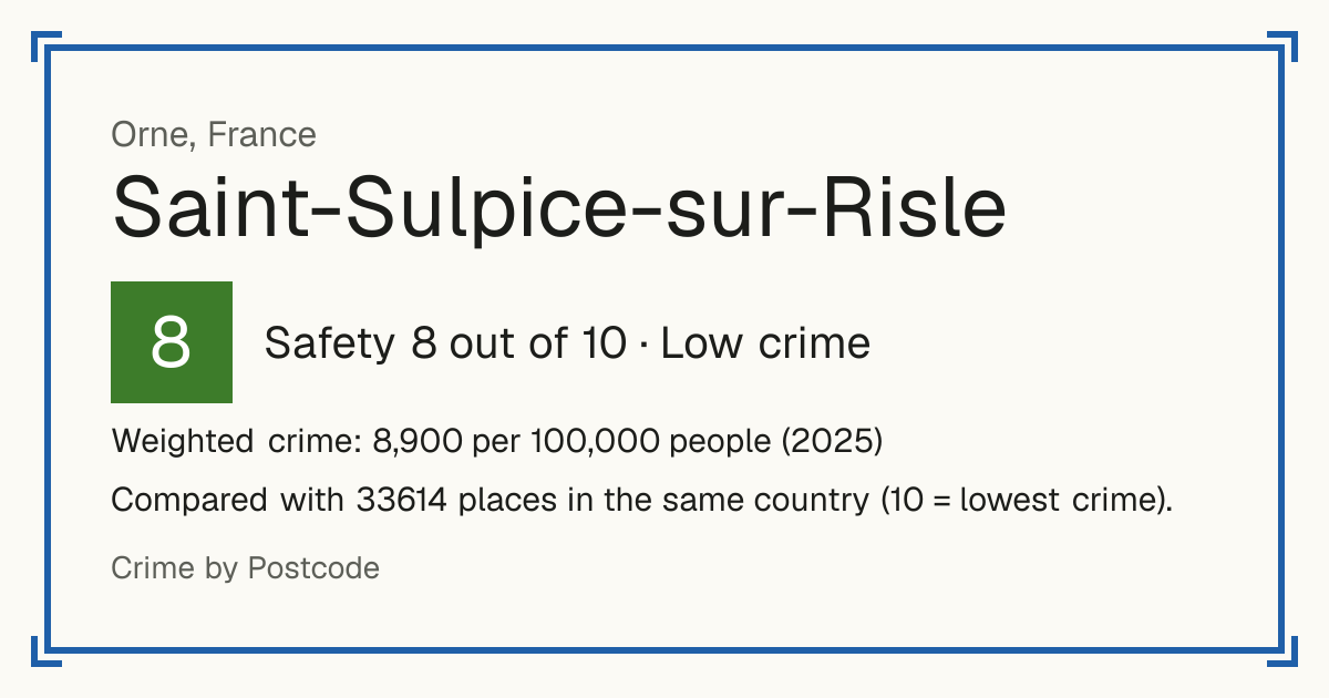 Saint-Sulpice-sur-Risle, France: Safety 8 out of 10 (Low crime). Weighted crime: 8,900 per 100,000 people (2025).
