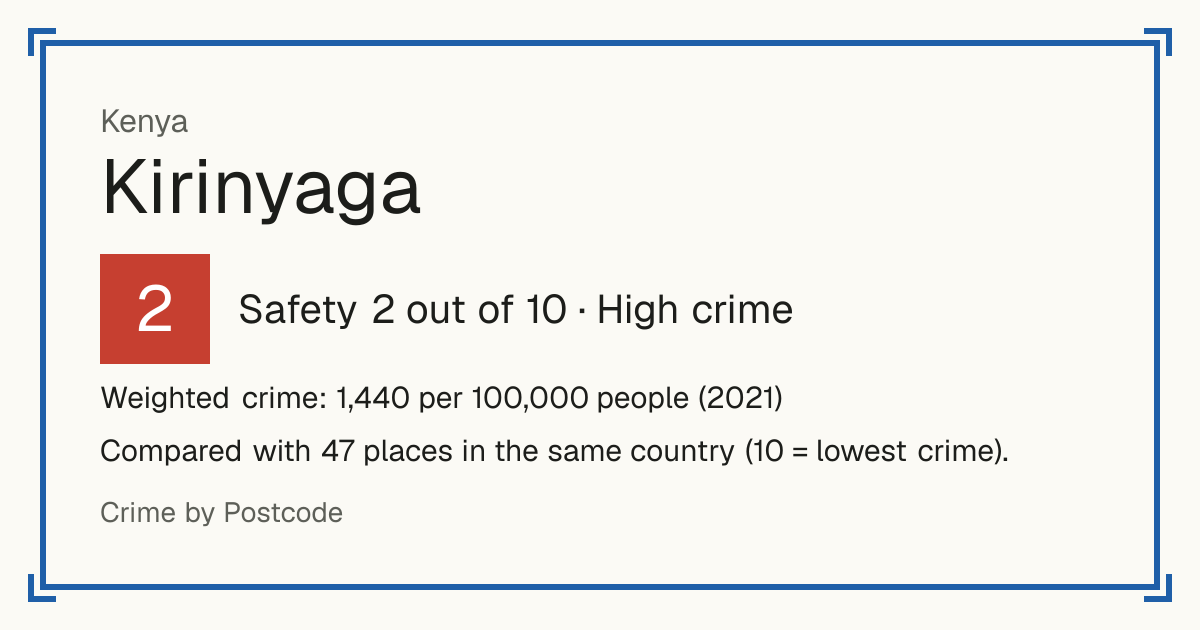 Kirinyaga, Kenya: Safety 2 out of 10 (High crime). Weighted crime: 1,440 per 100,000 people (2021).