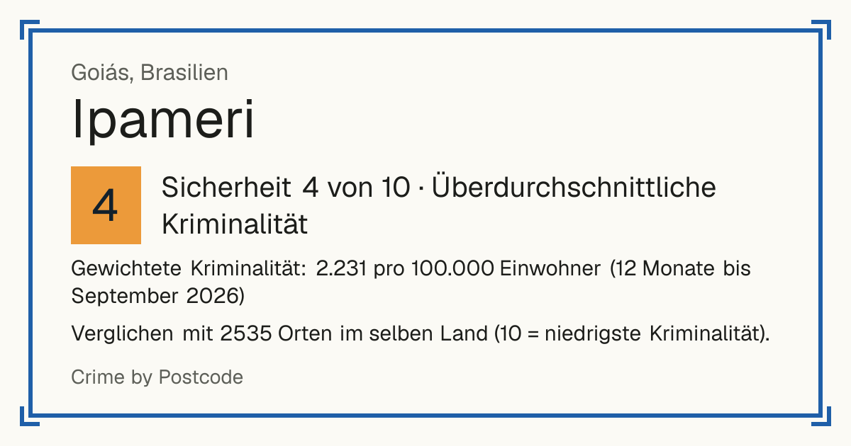 Ipameri, Brasilien: Sicherheit 4 von 10 (Überdurchschnittliche Kriminalität). Verglichen mit 2535 Orten im selben Land (10 = niedrigste Kriminalität).