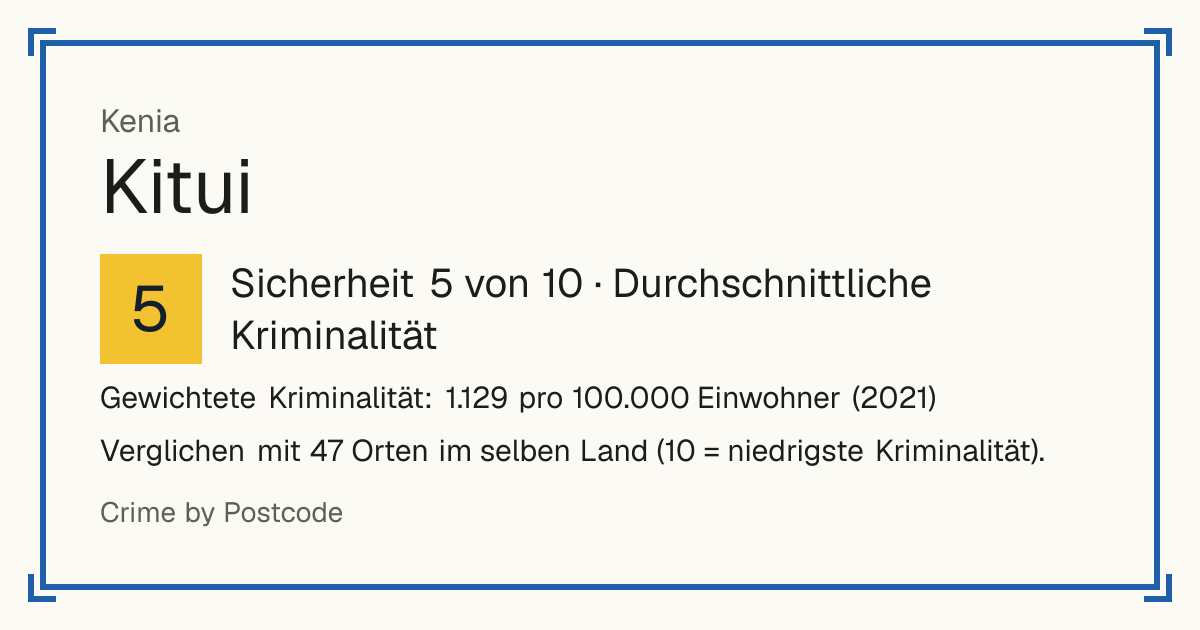 Kitui, Kenia: Sicherheit 5 von 10 (Durchschnittliche Kriminalität). Gewichtete Kriminalität: 1.129 pro 100.000 Einwohner (2021).