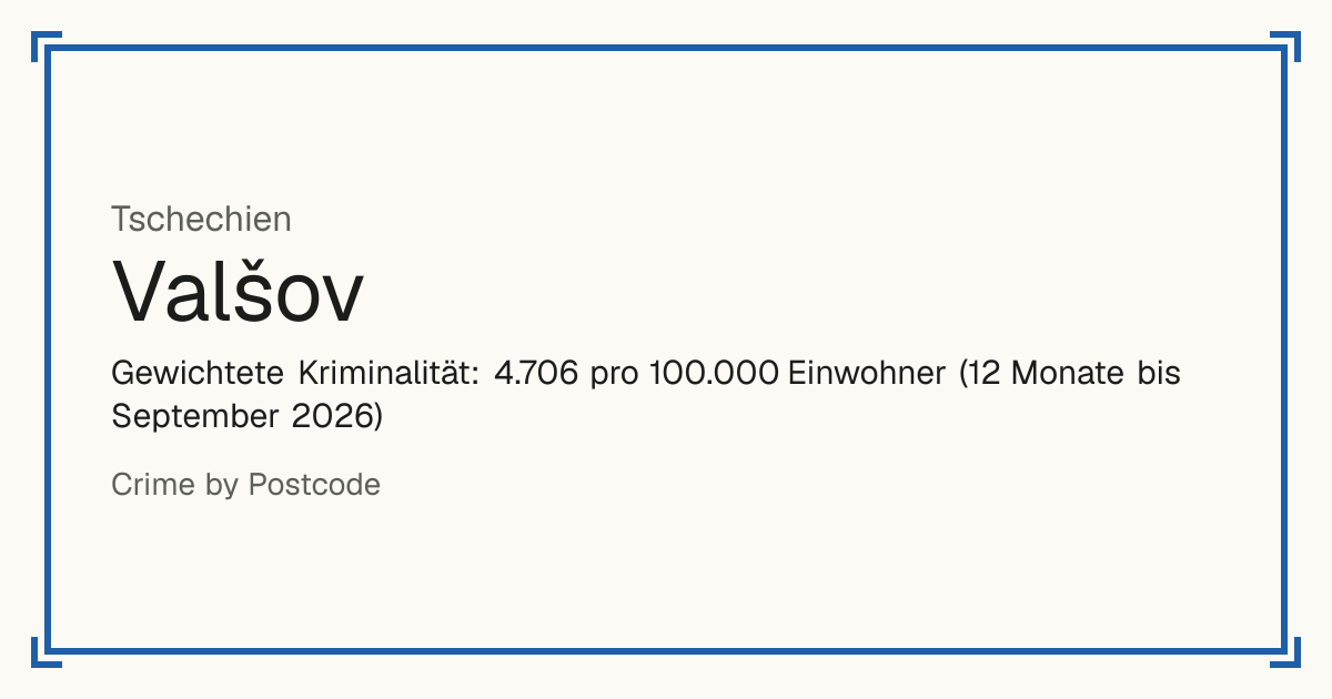 Valšov, Tschechien: Gewichtete Kriminalität: 4.706 pro 100.000 Einwohner (12 Monate bis September 2026).