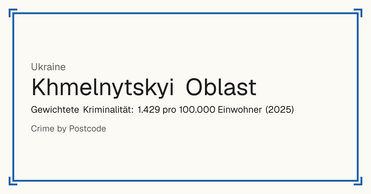 Khmelnytskyi Oblast, Ukraine: Gewichtete Kriminalität: 1.429 pro 100.000 Einwohner (2025).