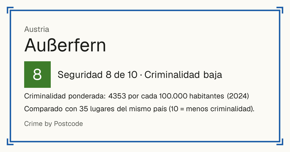 Außerfern, Austria: Seguridad 8 de 10 (Criminalidad baja). Criminalidad ponderada: 4353 por cada 100.000 habitantes (2024).