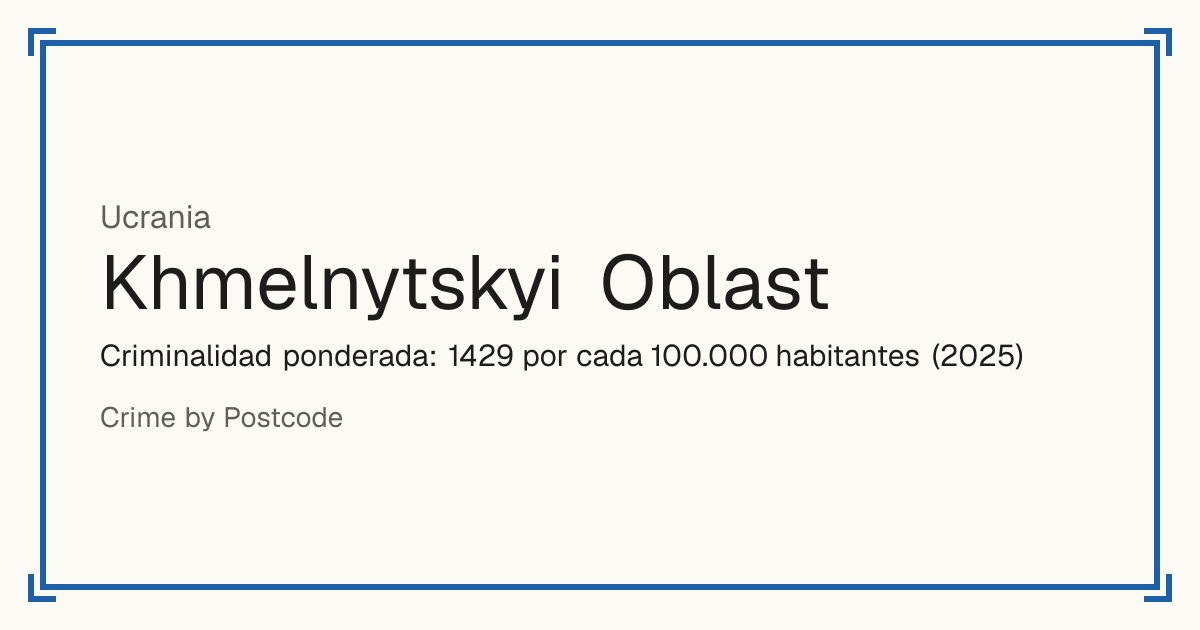 Khmelnytskyi Oblast, Ucrania: Criminalidad ponderada: 1429 por cada 100.000 habitantes (2025).