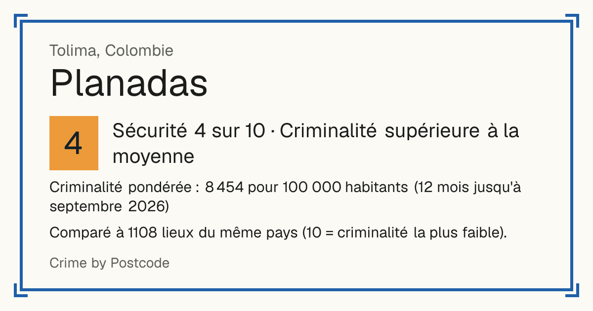 Planadas, Colombie: Sécurité 4 sur 10 (Criminalité supérieure à la moyenne). Comparé à 1108 lieux du même pays (10 = criminalité la plus faible).