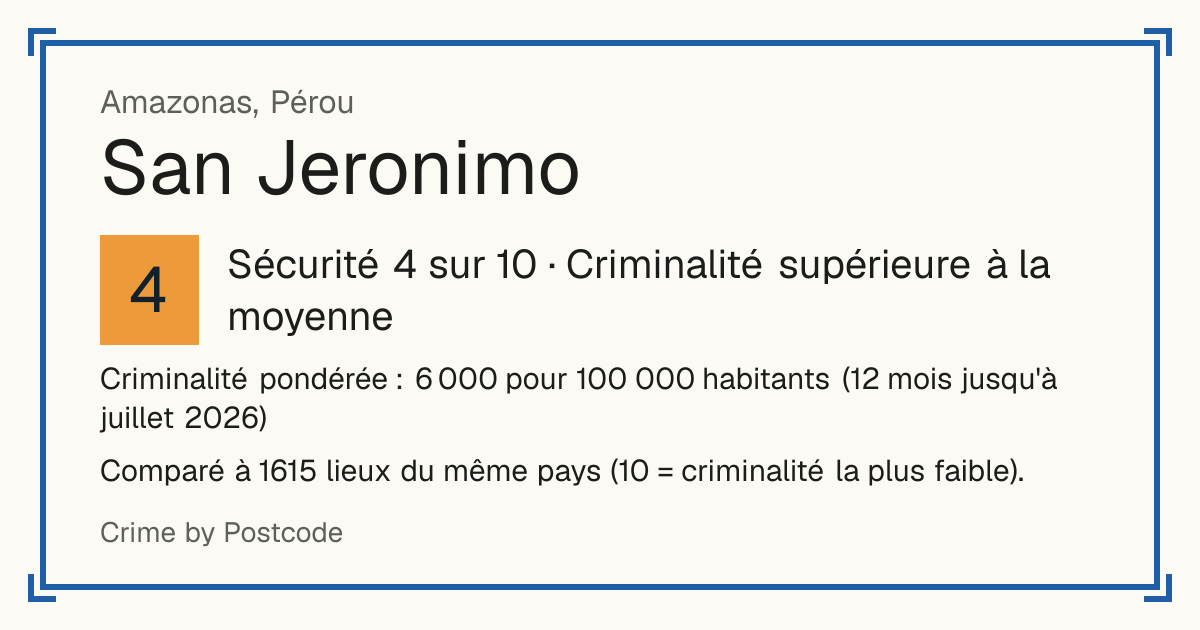 San Jeronimo, Amazonas, Pérou: Sécurité 4 sur 10 (Criminalité supérieure à la moyenne). Comparé à 1615 lieux du même pays (10 = criminalité la plus faible).