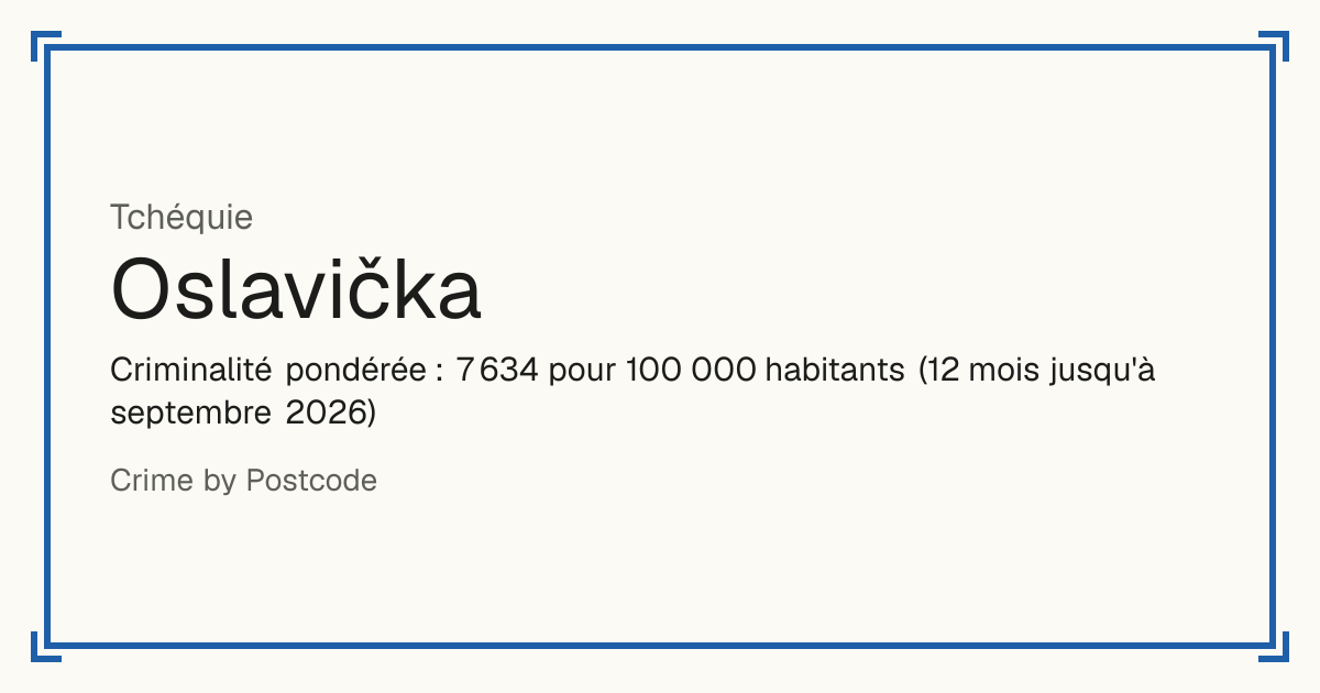 Oslavička, Tchéquie: Criminalité pondérée : 7 634 pour 100 000 habitants (12 mois jusqu'à septembre 2026).