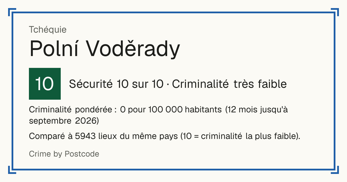 Polní Voděrady, Tchéquie: Sécurité 10 sur 10 (Criminalité très faible). Criminalité pondérée : 0 pour 100 000 habitants (12 mois jusqu'à septembre 2026).
