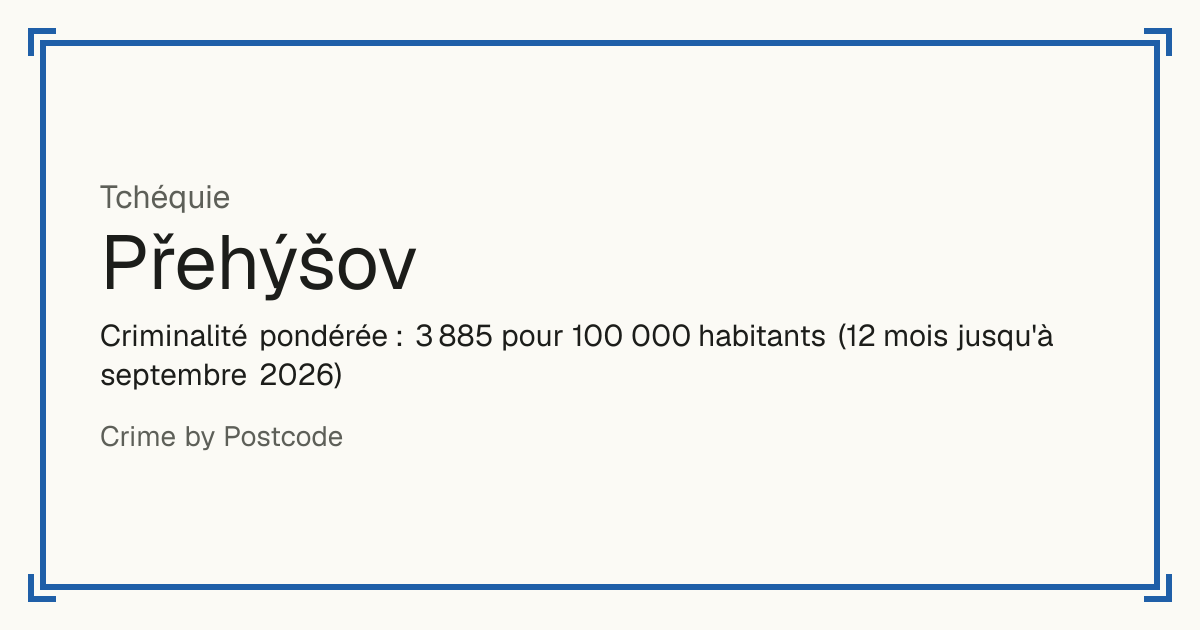 Přehýšov, Tchéquie: Criminalité pondérée : 3 885 pour 100 000 habitants (12 mois jusqu'à septembre 2026).