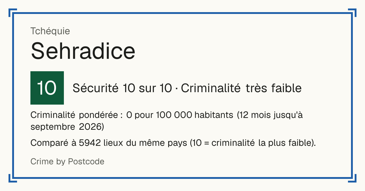 Sehradice, Tchéquie: Sécurité 10 sur 10 (Criminalité très faible). Criminalité pondérée : 0 pour 100 000 habitants (12 mois jusqu'à septembre 2026).