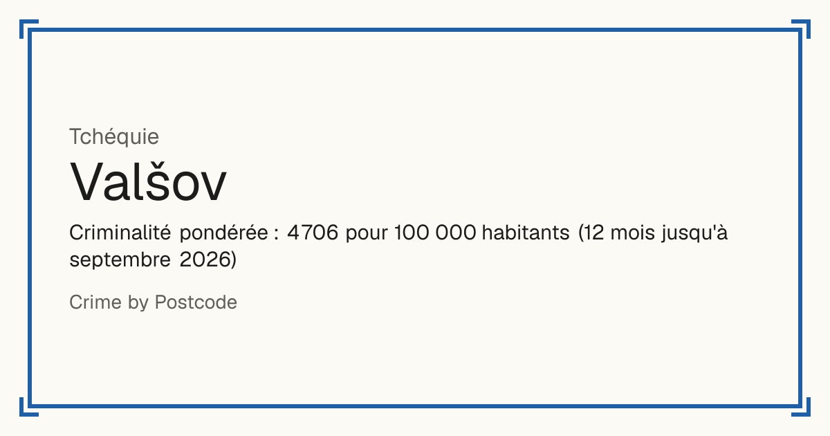 Valšov, Tchéquie: Criminalité pondérée : 4 706 pour 100 000 habitants (12 mois jusqu'à septembre 2026).