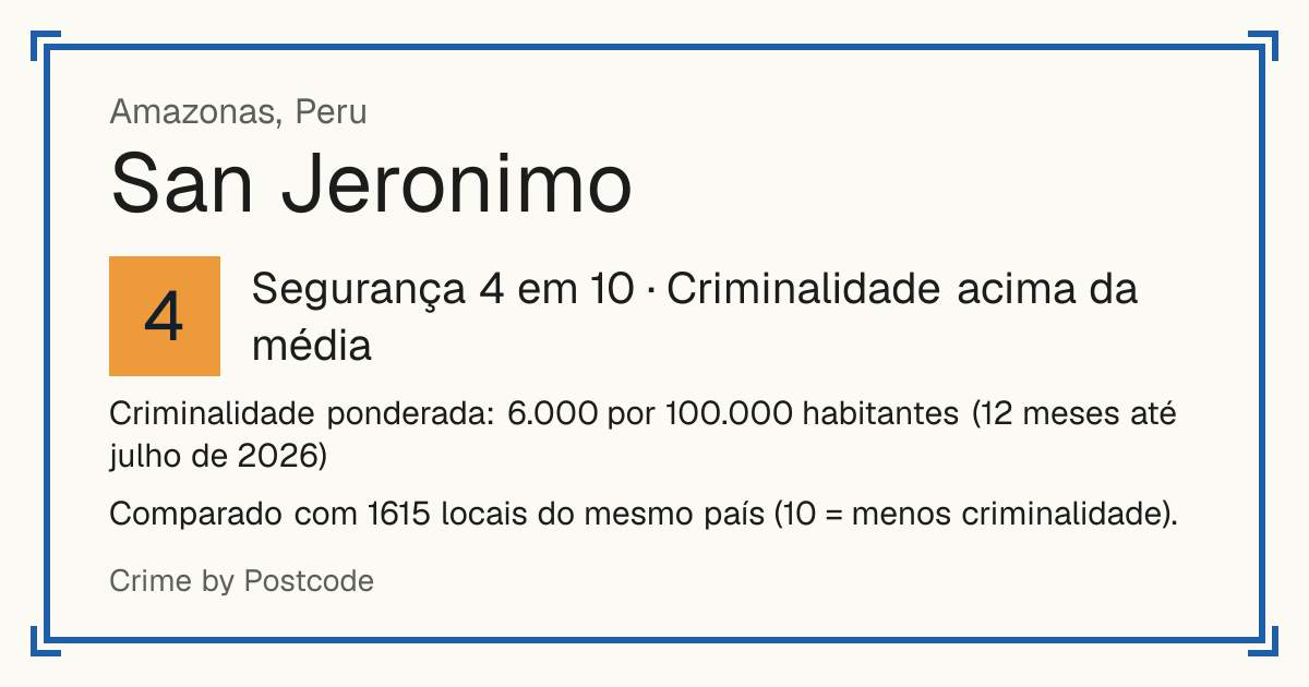 San Jeronimo, Amazonas, Peru: Segurança 4 em 10 (Criminalidade acima da média). Comparado com 1615 locais do mesmo país (10 = menos criminalidade).