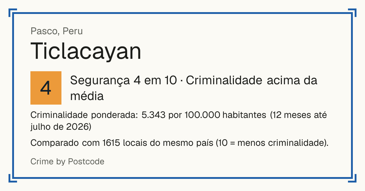 Ticlacayan, Peru: Segurança 4 em 10 (Criminalidade acima da média). Criminalidade ponderada: 5.343 por 100.000 habitantes (12 meses até julho de 2026).