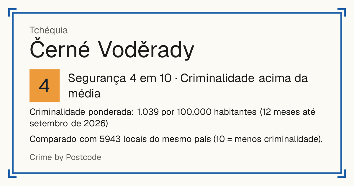 Černé Voděrady, Tchéquia: Segurança 4 em 10 (Criminalidade acima da média). Comparado com 5942 locais do mesmo país (10 = menos criminalidade).
