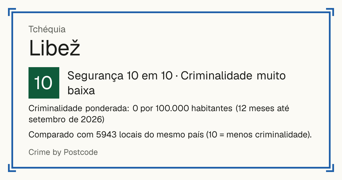 Libež, Tchéquia: Segurança 10 em 10 (Criminalidade muito baixa). Criminalidade ponderada: 0 por 100.000 habitantes (12 meses até setembro de 2026).