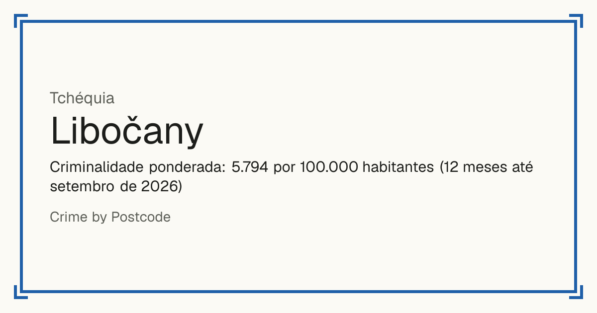 Libočany, Tchéquia: Criminalidade ponderada: 5.794 por 100.000 habitantes (12 meses até setembro de 2026).
