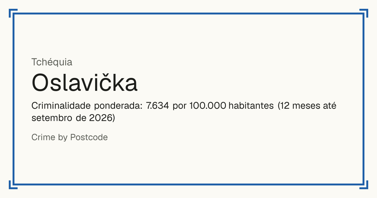 Oslavička, Tchéquia: Criminalidade ponderada: 7.634 por 100.000 habitantes (12 meses até setembro de 2026).