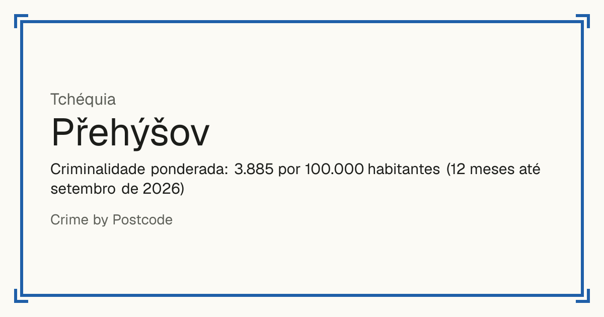 Přehýšov, Tchéquia: Criminalidade ponderada: 3.885 por 100.000 habitantes (12 meses até setembro de 2026).