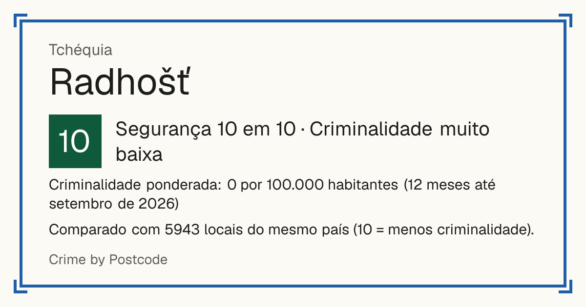 Radhošť, Tchéquia: Segurança 10 em 10 (Criminalidade muito baixa). Criminalidade ponderada: 0 por 100.000 habitantes (12 meses até setembro de 2026).