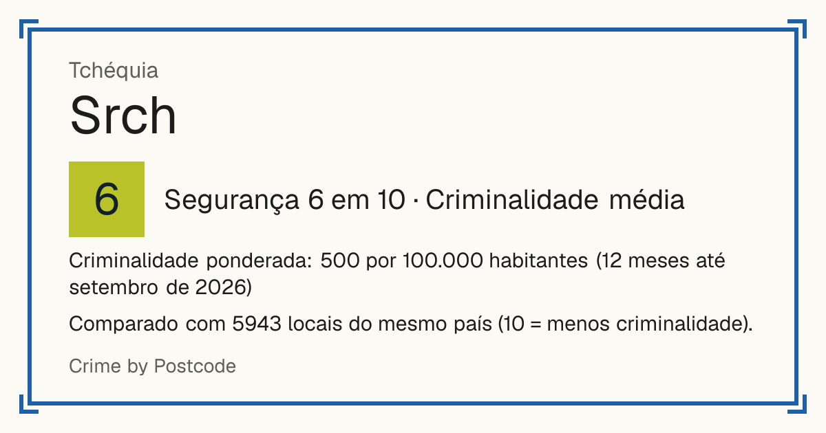 Srch, Tchéquia: Segurança 6 em 10 (Criminalidade média). Criminalidade ponderada: 500 por 100.000 habitantes (12 meses até setembro de 2026).