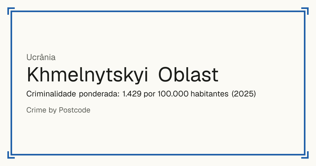 Khmelnytskyi Oblast, Ucrânia: Criminalidade ponderada: 1.429 por 100.000 habitantes (2025).